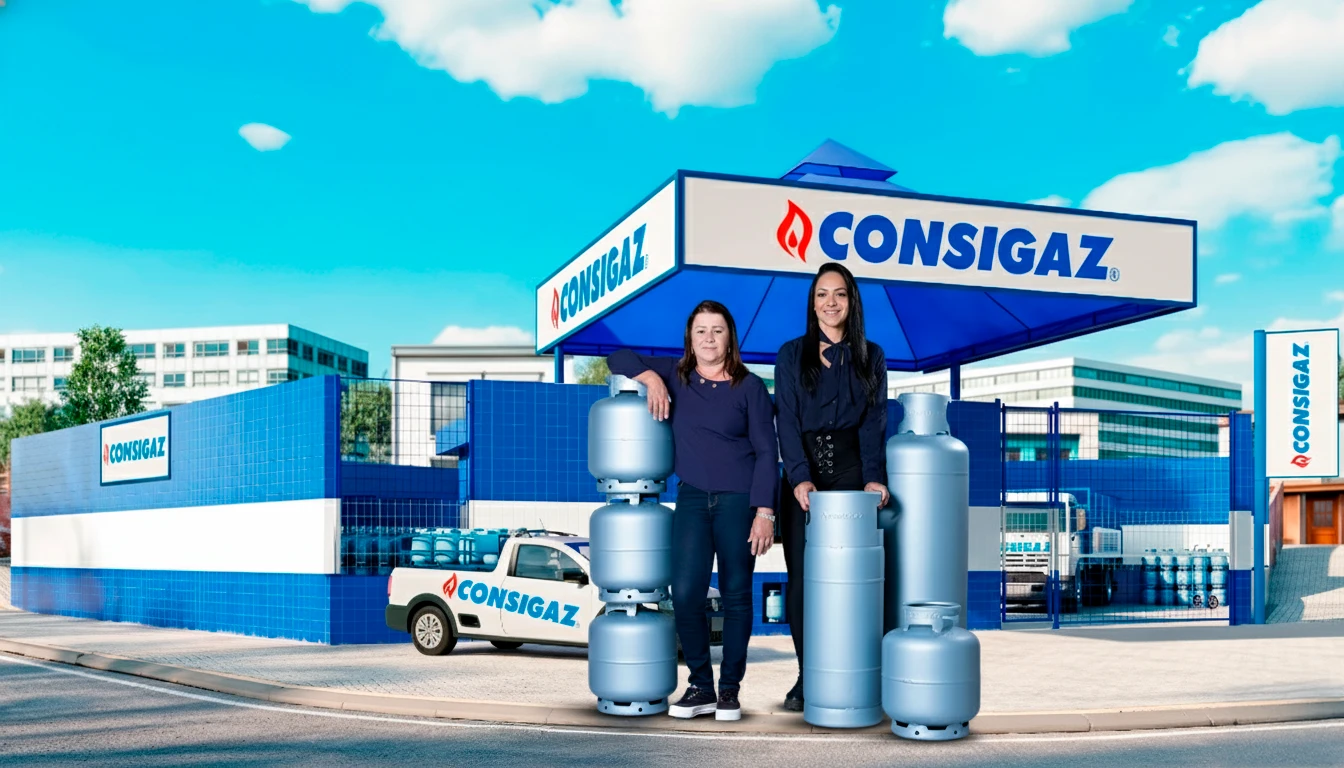 Imagem ilustrativa de uma revenda Consigaz, com duas mulheres posando ao lado de botijões de gás de cozinha e um carro adesivado com o logotipo da Consigaz no fundo