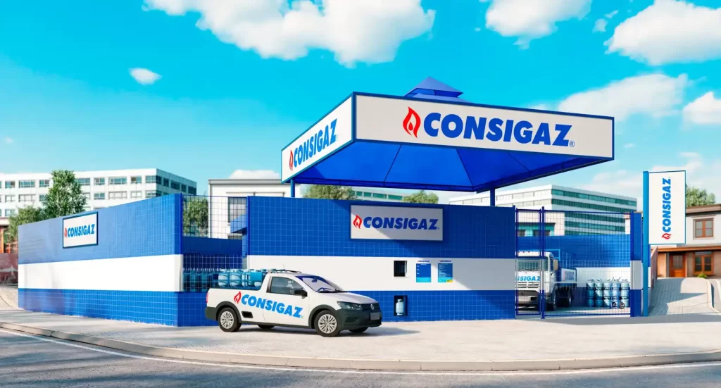 Imagem de uma revenda de gás natural com fachada azul e carro com a marca Consigaz na frente, destacando quanto custa para abrir uma revenda de gás.