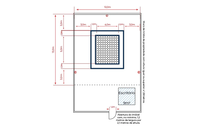 Diagrama de planta com medidas para um imóvel de 12m de largura e 9m² de escritório, detalhando a abertura e as divisões internas.