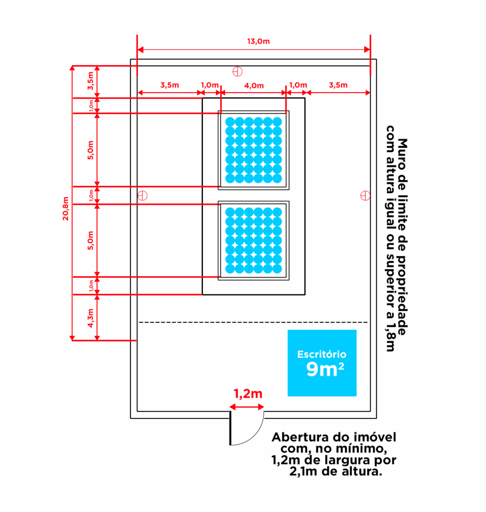 Planta baixa de um escritório com 9m², mostrando medidas detalhadas e aberturas especificadas para projeto.