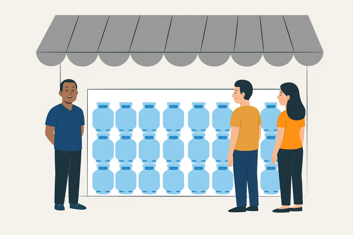 Balcão de venda de galões de água com atendente e dois clientes, conteúdo para dia do cliente