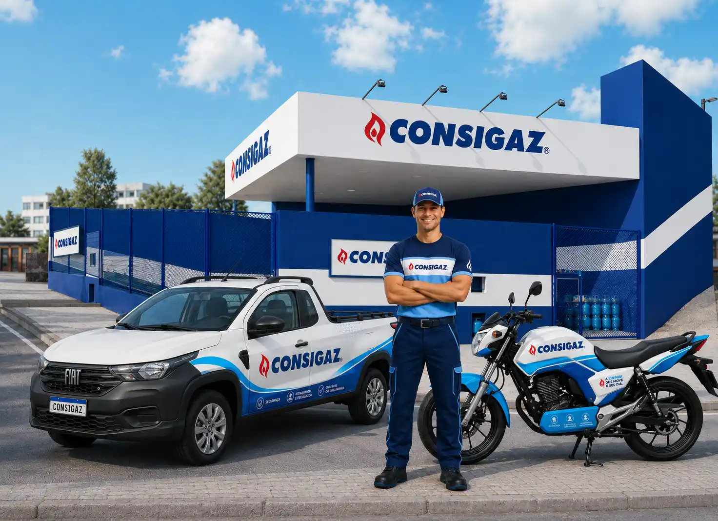 Equipe da Consigaz em frente à van e à moto da empresa, com fachada azul e branca ao ar livre, mostrando estrutura para análise de viabilidade e logística.