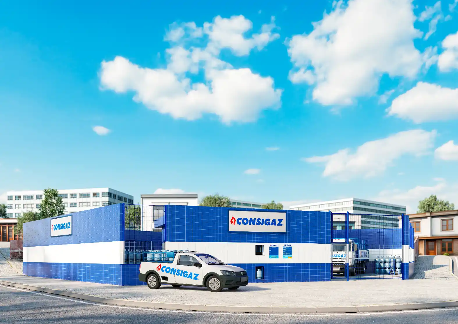 Fachada industrial da Consigaz com fachada azul e branco, caminhonete de apoio estacionada em frente e área de armazenamento, em cenário urbano. Ideal para representar negócios que dão lucro em cidades pequenas.