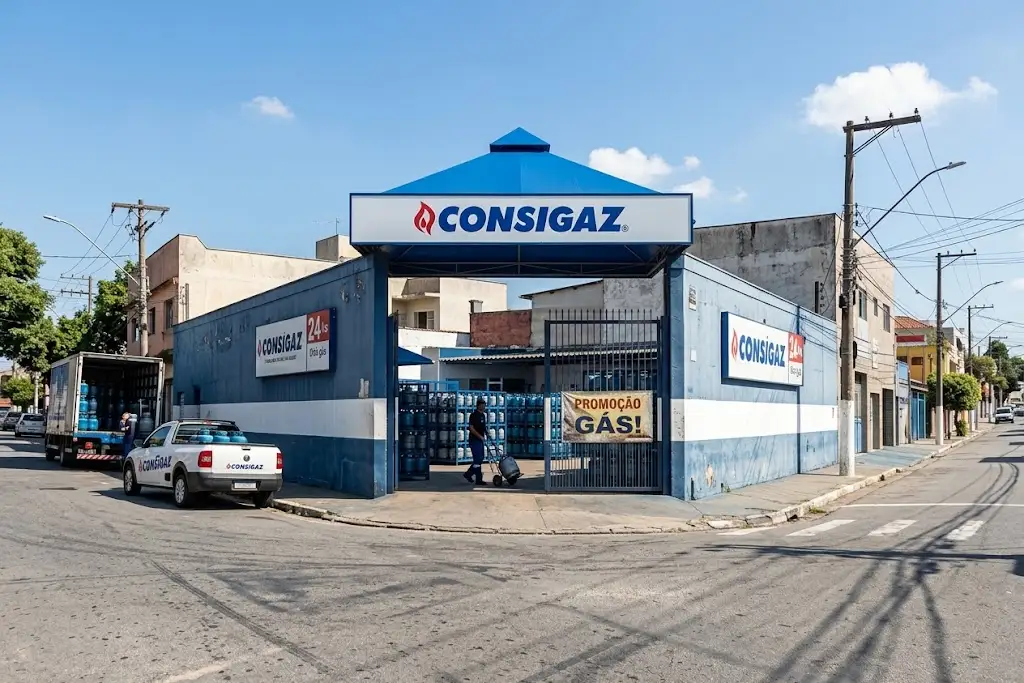 viabilidade de ponto comercial: Fachada de um ponto comercial com a marca CONSIGAZ em um prédio industrial, com área de atendimento, portão e carros na rua, sob céu azul